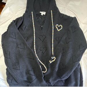 BiBi Black V-Neck Hooded Sweater with Multicolor hearts